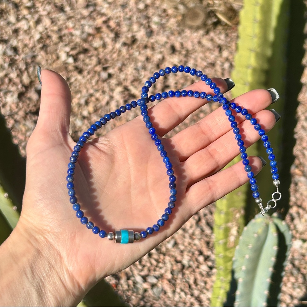 SOLD Navajo Handmade Sterling Silver Lapis with Turquoise Beaded Necklace